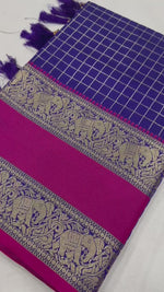 Purple SoftBanarasi Silk Saree with Golden Zari and all over Chex Weaving and Rich Pallu saree for women