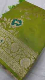Exquisite Parrot Green Banarasi Soft Silk with Golden Zari and Weaving Saree