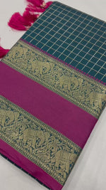 Sky Blue SoftBanarasi Silk Saree with Golden Zari and all over Chex Weaving and Rich Pallu saree for women