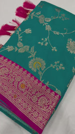 Graceful Firozi Banarasi Silk Saree with Pink Contrast Border Saree